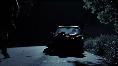 A wrecked car on a wet road at night, illuminated by its own headlights. Two figures walk towards it.