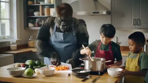 A gorilla in an apron chops carrots while two boys in aprons cook in a bright, modern kitchen.