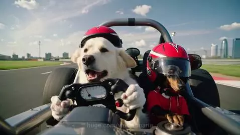 Golden retriever and dachshund wearing helmets in a race car on a track.