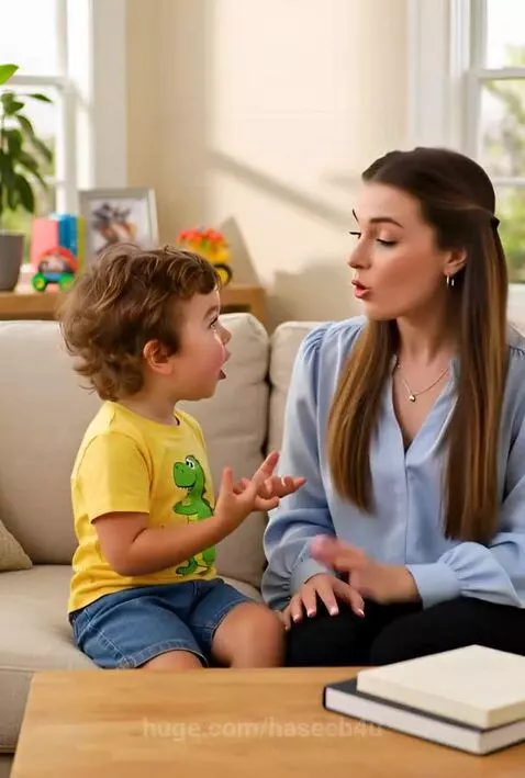 A young boy in a yellow dinosaur t-shirt sits on a couch, animatedly talking to his mother about flying to the moon.