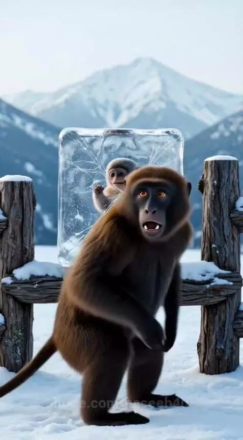 Baby monkey trapped in cracked ice block, mother monkey breaking ice to rescue it.