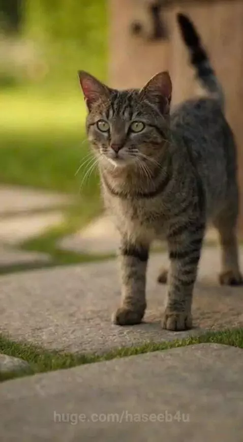 A tiger looking at a small domestic cat in a garden.