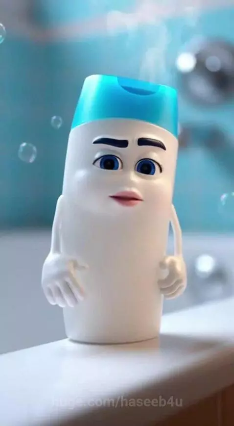 Anthropomorphic shampoo bottle with blue eyes and arms standing on the edge of a bathtub, encouraging hair care.