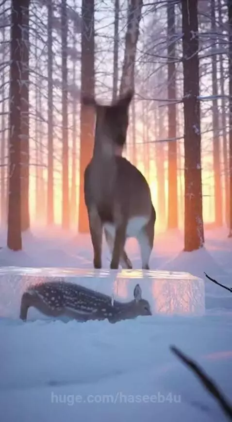 Mother deer stomping on ice to free a trapped fawn in a snowy forest at sunrise.