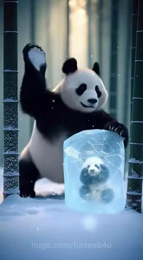 Mother panda breaking ice to rescue her baby cub in a snowy forest.