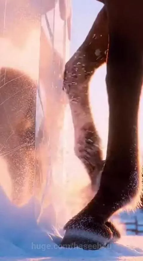 Mother horse breaking ice to free her foal, with snow-covered mountains and sunset in the background.