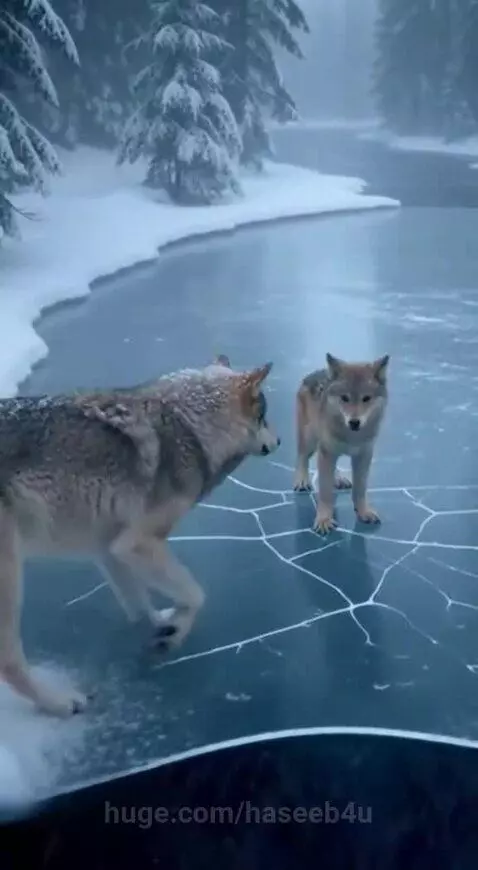 Mother wolf pulling her pup out of icy water onto a snowy bank.
