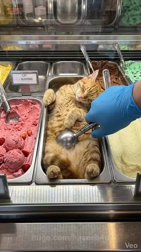 Orange tabby cat sleeping in an ice cream tub, with a kitten being scooped into a cone.