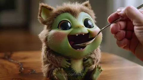 Close-up of a fluffy kiwi baby with green face and big black eyes being fed with a silver spoon.