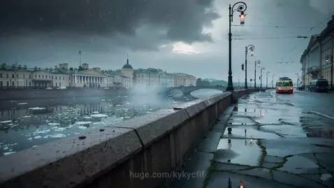 St. Petersburg Moika embankment in February, with ice floes, mist, and reflections on wet granite.