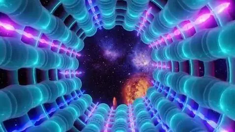 Computer animation from inside a glowing cyan and blue microtubule tunnel, opening to deep space with stars, nebulae, and an orange celestial body.