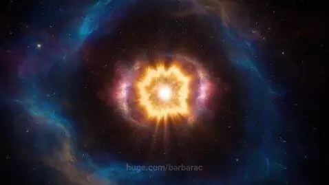 Deep space CGI visualization of a bright, swirling cosmic core with colorful nebula rings, representing the beginning of everything.