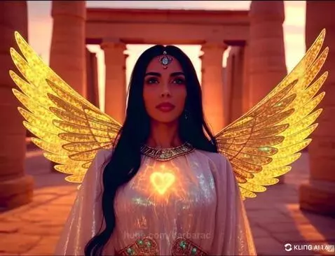 Woman with long dark hair, golden wings, and glowing heart in an ancient temple setting.