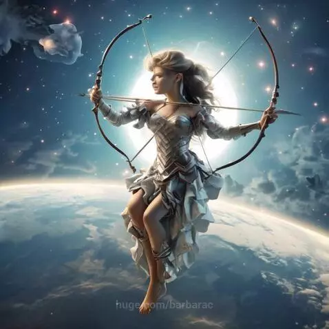 Mythological goddess archer with a bow and arrow, floating in space above a planet, illuminated by celestial light.