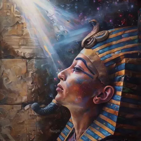Painting of an ancient Egyptian pharaoh in a nemes headdress, looking towards a cosmic light beam against a starry sky.