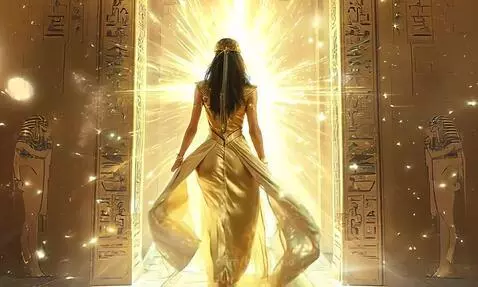 Woman in golden gown and headpiece walks towards a glowing doorway in an ancient Egyptian temple with hieroglyphs.