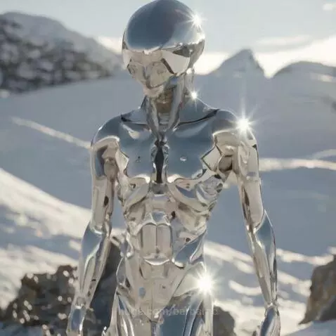 Metallic humanoid robot standing in a bright, snowy mountain landscape with sunlight glinting off its surface.