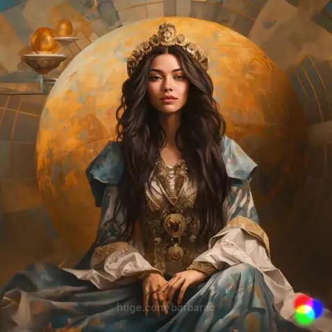 Painterly portrait of a Tibetan princess with dark hair, golden crown, and ornate gown, seated before a large golden globe.