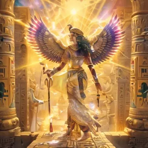 Majestic winged Egyptian goddess in a golden temple with glowing wings and hieroglyphs.