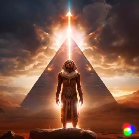 Ancient Egyptian pharaoh in desert with pyramid, looking up at a powerful light beam from apex into cloudy sky at sunset/sunrise.
