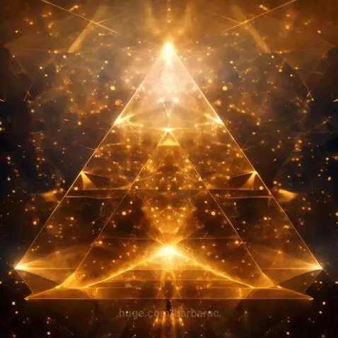 A glowing golden pyramid structure made of light and energy, with sparkling particles on a dark background.