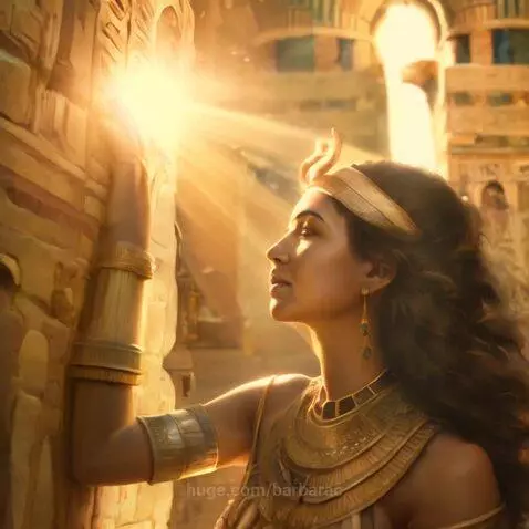 Ancient Egyptian queen in gold jewelry touching a hieroglyphic wall illuminated by golden light.