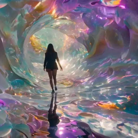 Person walking through a luminous, colorful tunnel with swirling purples, blues, and greens.