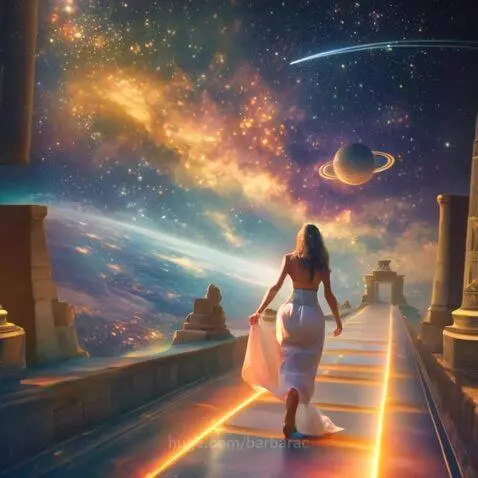 Woman in white dress on glowing path towards cosmic sky with planets and stars.