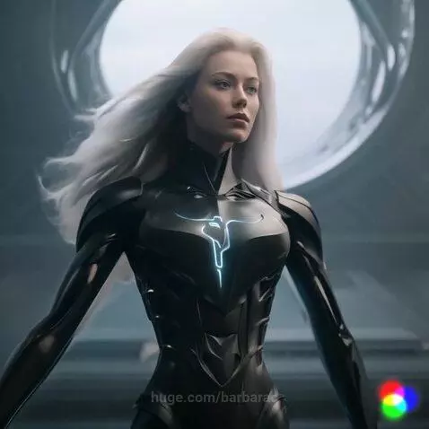 Futuristic woman with long white hair, dark suit, and glowing blue chest symbol, standing in a sci-fi interior.