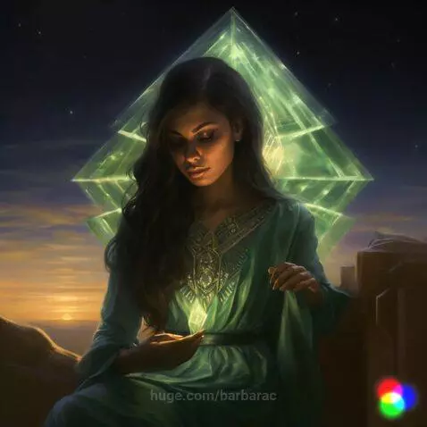 Woman in a green gown with gold embroidery holding a glowing object, with a luminous green pyramid behind her at dusk.