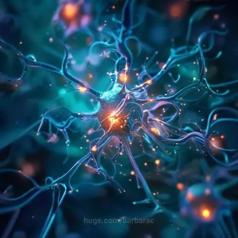 Close-up abstract art of a glowing neuron with orange and yellow core and branching dendrites against a dark background.