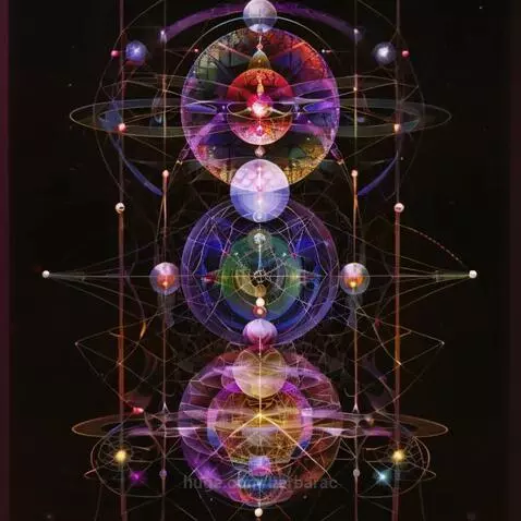 Three large, glowing spherical structures with intricate geometric patterns and shifting colors against a dark background.