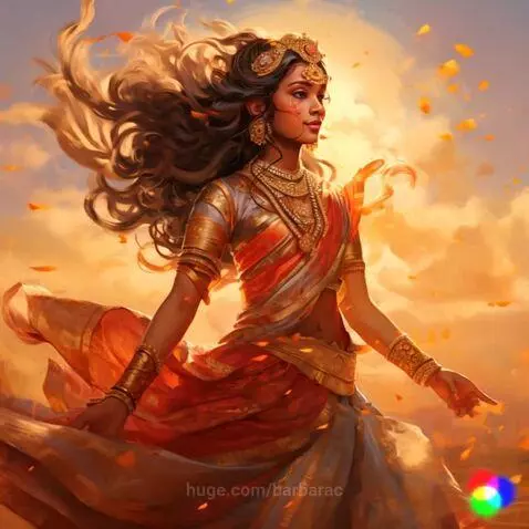 Artwork of a regal Indian princess with dark flowing hair, intricate gold jewelry, and a crown, set against a golden sky with falling petals.