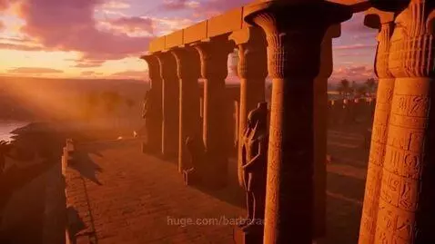 Aerial drone view of the Temple of Karnak at sunset, with golden light illuminating hieroglyphs and columns.