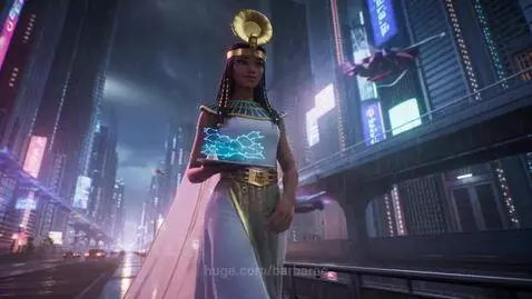 Woman in Egyptian-inspired gown and headpiece in a futuristic neon city at night during heavy rain.