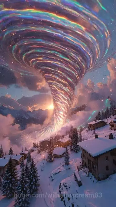 Iridescent, magical vortex swirling over a snow-covered mountain village at sunset with warm light.