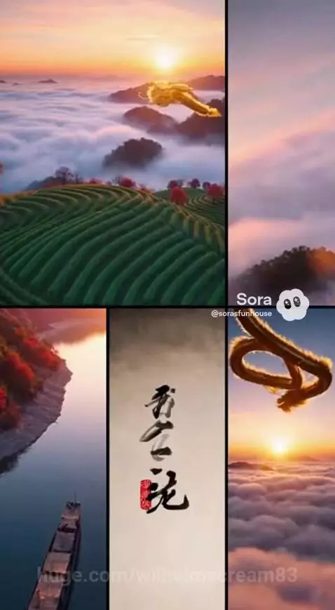 Split screen showing a golden dragon flying over misty mountains at sunset and a boat on a river.