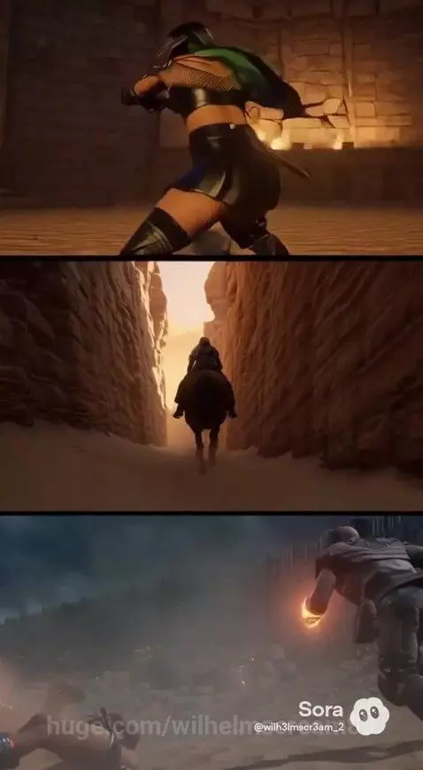 Crimson Desert: Female warrior with green hair, character on horseback in desert, armored male combat.