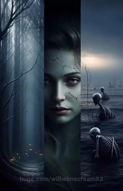 Three-panel split screen art depicting a dark fantasy scene with a foggy forest, a pale woman, and skeletal creatures emerging from water.