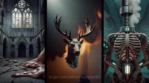 Split screen showing a decaying cathedral, a levitating deer head, and a biomechanical torso with smoke.