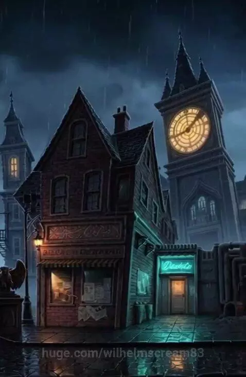 Animated gothic noir city at night with rain, neon signs, and a clock tower.