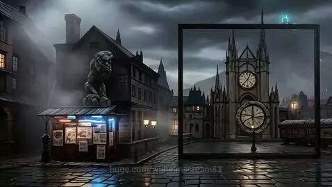 Triptych illustration of a gothic noir city at night with rain, fog, and a distant glowing headquarters.