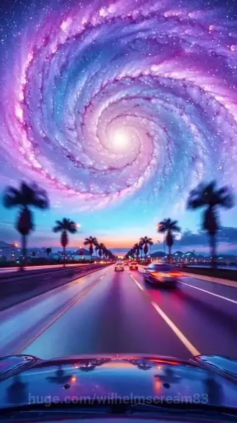 Surreal pastel landscape with a cosmic highway and swirling galaxy, soft glow, hyper-detailed.