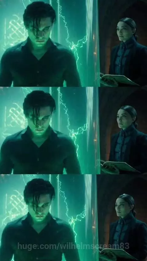 Three-frame split showing a gothic laboratory experiment with emerald lightning and a man's transformation.