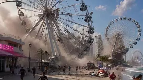A large Ferris wheel collapses on a sunny beach, creating explosions, dust, and debris as people flee in panic.