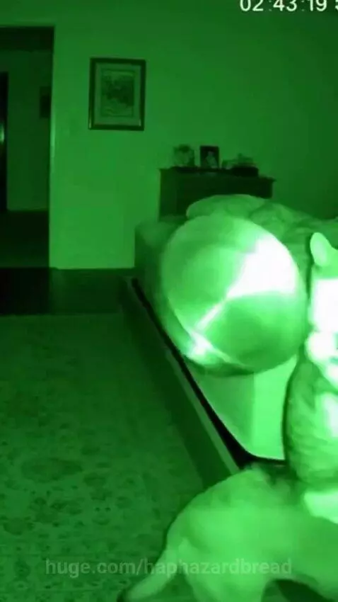 Cat banging a metal pot with a spoon next to a sleeping person in night vision.