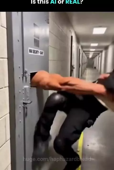 Security guard in uniform being pulled into a prison cell by a large muscular arm through the door slot.