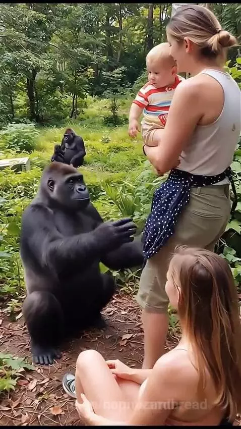 A large gorilla gently holding a baby in its arms, with a woman nearby in a green, outdoor setting.