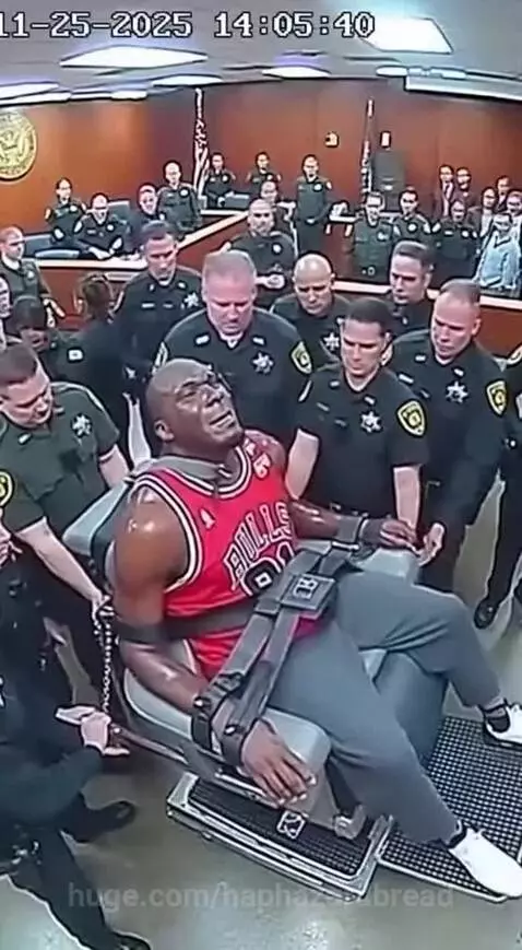 Distressed man in a red Bulls jersey strapped to a chair, reacting in horror to a prison sentence and forced Pistons jersey.