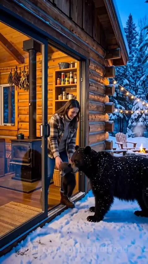 A woman in a cabin doorway feeds a black bear cub from a bottle as the mother bear watches.